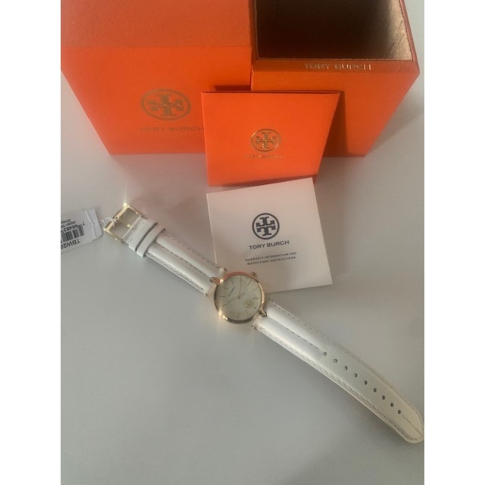 Tory Burch TBW2040 Gold Tone White Leather Band Logo Dial Women's Watch NIB